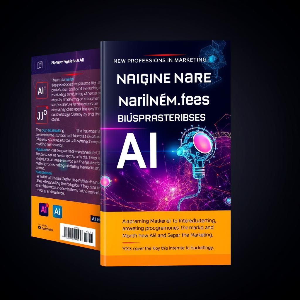 Create a book cover design that combines elements of technology and humanism, focusing on AI and new professions in marketing