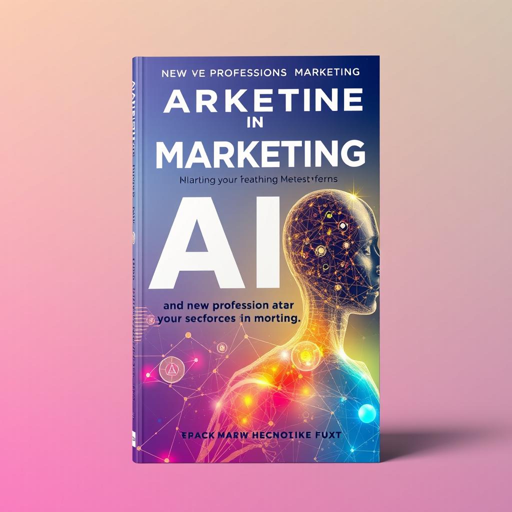 Create a book cover design that combines elements of technology and humanism, focusing on AI and new professions in marketing