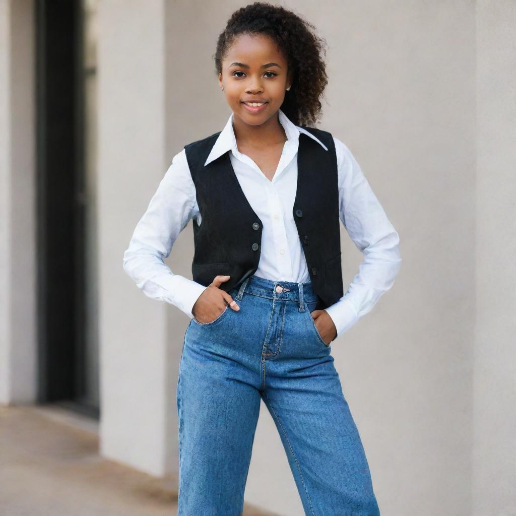 A confident African American girl dressed in a stylish black vest, white button-down shirt, and blue wide-legged jeans.