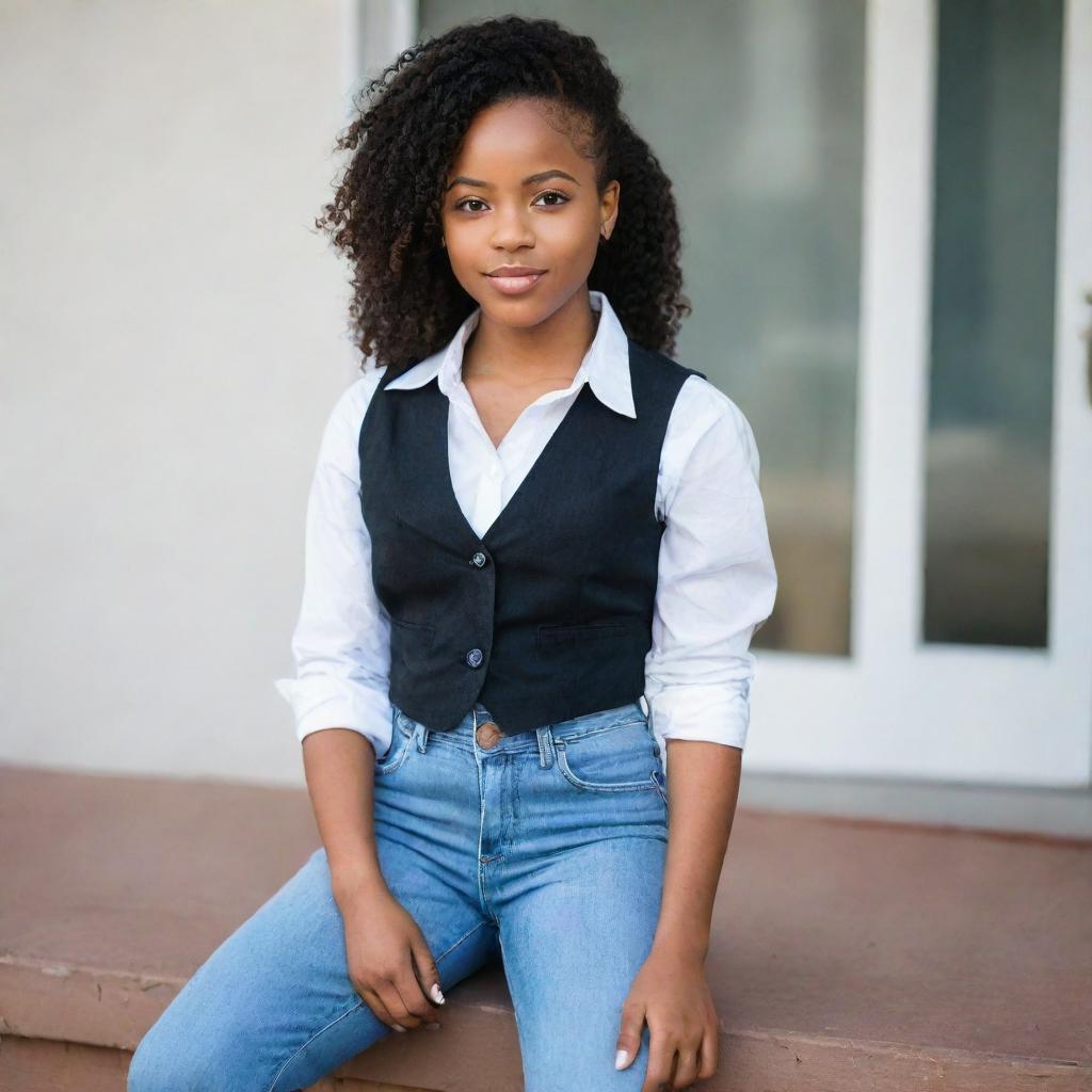 A confident African American girl dressed in a stylish black vest, white button-down shirt, and blue wide-legged jeans.