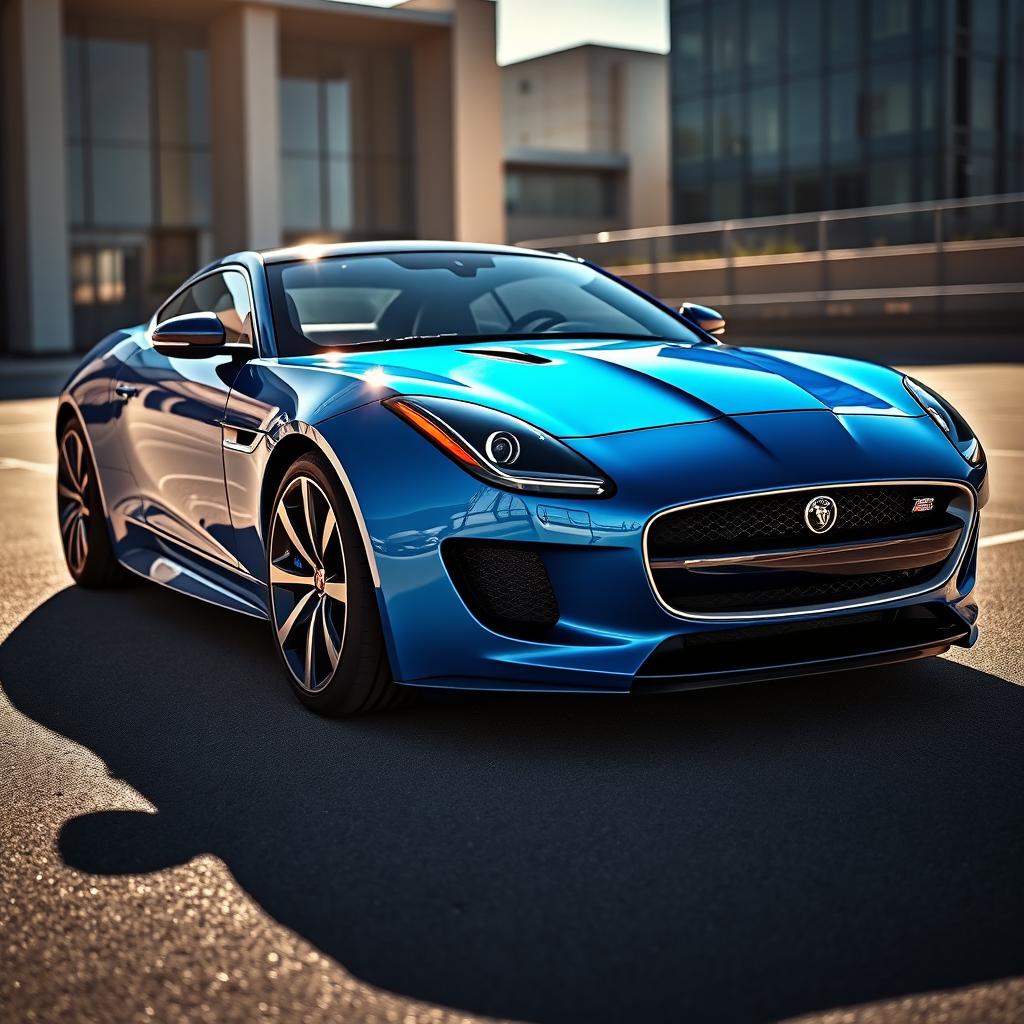 A wide body Jaguar F-Type with a sleek aerodynamic design, high-performance sports car in vibrant metallic blue