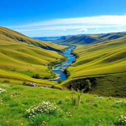 A beautiful landscape with rolling hills, a clear blue sky, and a serene river flowing through the valley