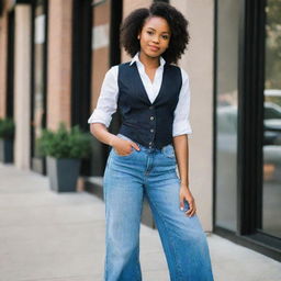 A confident African American girl dressed in a stylish black vest, white button-down shirt, and blue wide-legged jeans.