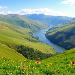 A beautiful landscape with rolling hills, a clear blue sky, and a serene river flowing through the valley