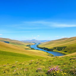 A beautiful landscape with rolling hills, a clear blue sky, and a serene river flowing through the valley