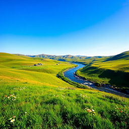 A beautiful landscape with rolling hills, a clear blue sky, and a serene river flowing through the valley