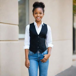 A confident African American girl dressed in a stylish black vest, white button-down shirt, and blue wide-legged jeans.