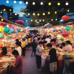 A vibrant night market scene bustling with people, colorful stalls selling various goods, and string lights illuminating the area