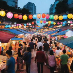 A vibrant night market scene bustling with people, colorful stalls selling various goods, and string lights illuminating the area