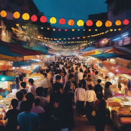 A vibrant night market scene bustling with people, colorful stalls selling various goods, and string lights illuminating the area