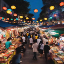 A vibrant night market scene bustling with people, colorful stalls selling various goods, and string lights illuminating the area