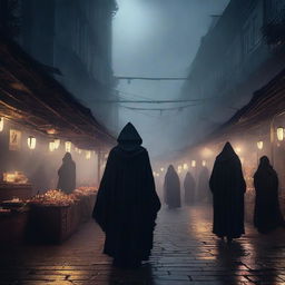 A spooky night market designed for rogues, with dimly lit stalls shrouded in mist, mysterious vendors in cloaks, and shadowy figures lurking around