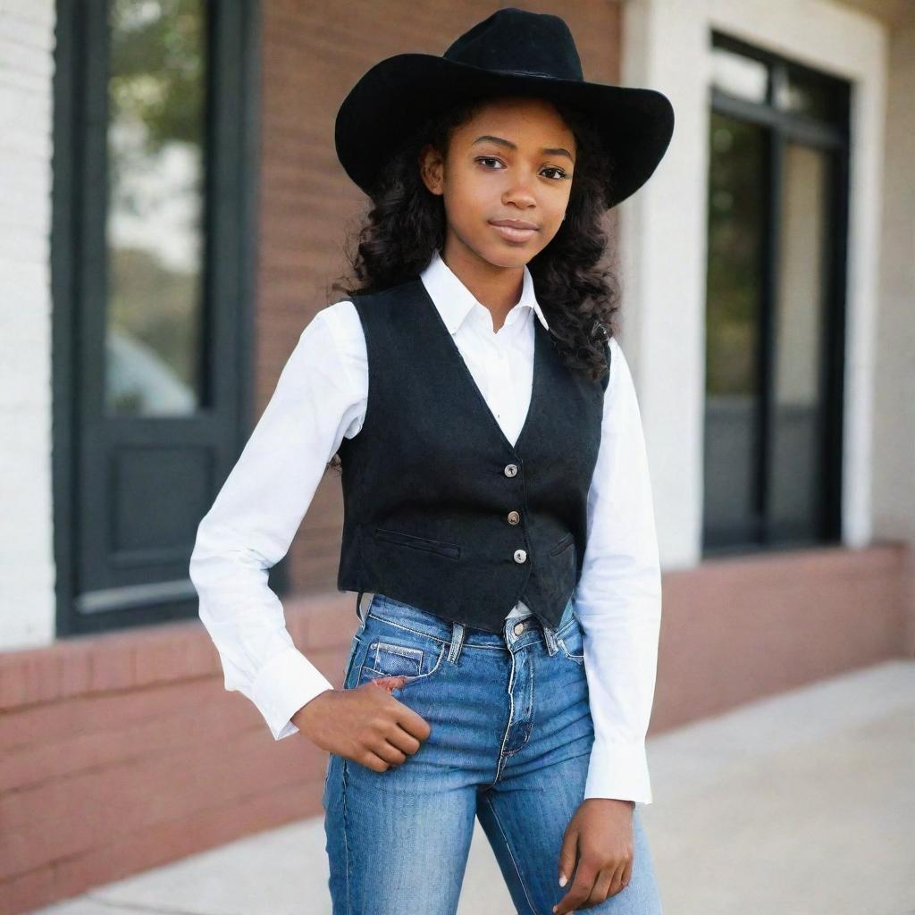 A stylish African American girl wearing a black vest, a white button-down shirt, blue wide-legged jeans, topped off with a fashionable black cowboy hat.