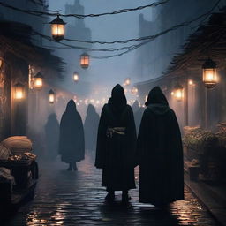 A spooky night market designed for rogues, with dimly lit stalls shrouded in mist, mysterious vendors in cloaks, and shadowy figures lurking around