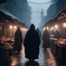 A spooky night market designed for rogues, with dimly lit stalls shrouded in mist, mysterious vendors in cloaks, and shadowy figures lurking around