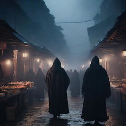 A spooky night market designed for rogues, with dimly lit stalls shrouded in mist, mysterious vendors in cloaks, and shadowy figures lurking around