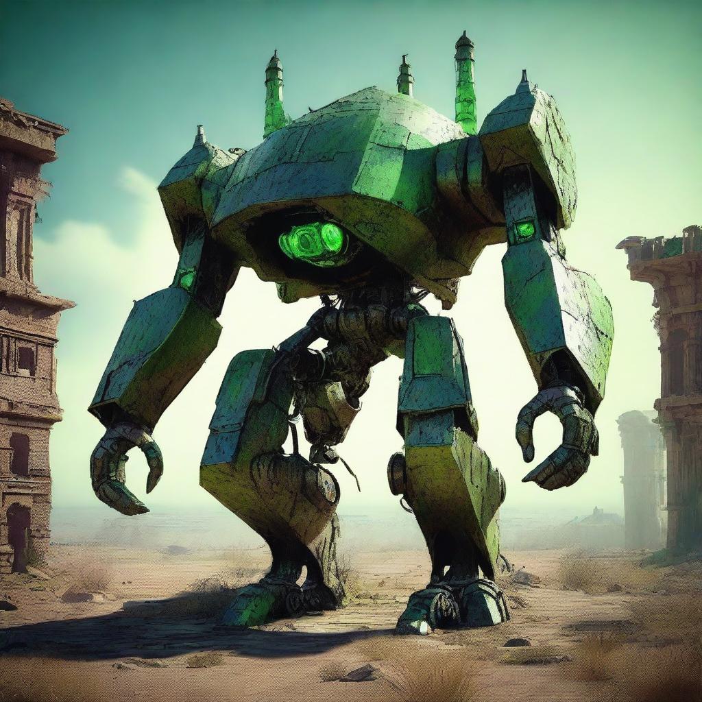 Create an image of the Verdant Sentinel, a colossal, ancient construct with four legs and a distinctly worn-down appearance