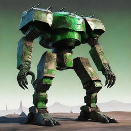 Create an image of the Verdant Sentinel, a colossal, ancient construct with four legs and a distinctly worn-down appearance