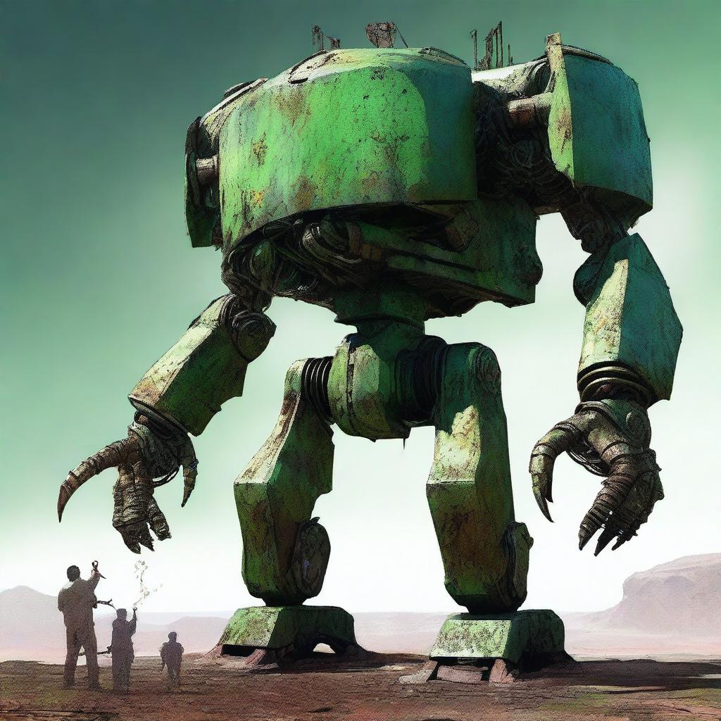 Create an image of the Verdant Sentinel, a colossal, ancient construct with four legs and a distinctly worn-down appearance