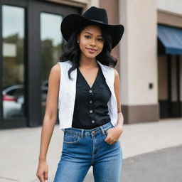 A stylish African American girl wearing a black vest, a white button-down shirt, blue wide-legged jeans, topped off with a fashionable black cowboy hat.