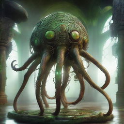 Create an image of the Verdant Sentinel, a colossal construct with an appearance reminiscent of an octopus fused with ancient machinery