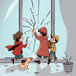 Portada de cuento infantil mostrando a un grupo de niños jugando y rompiendo una ventana de cristal