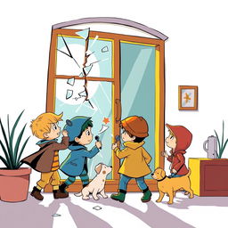 Portada de cuento infantil mostrando a un grupo de niños jugando y rompiendo una ventana de cristal