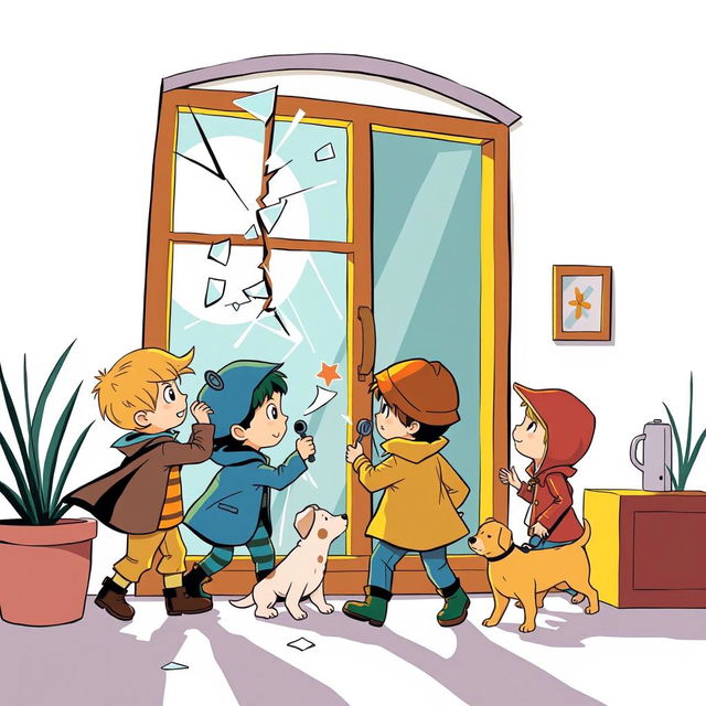 Portada de cuento infantil mostrando a un grupo de niños jugando y rompiendo una ventana de cristal