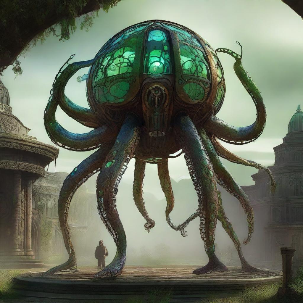 Create an image of the Verdant Sentinel, a colossal construct with an appearance reminiscent of an octopus fused with ancient machinery