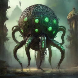 Create an image of the Verdant Sentinel, a colossal construct with an appearance reminiscent of an octopus fused with ancient machinery