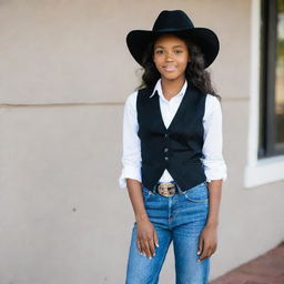 A stylish African American girl wearing a black vest, a white button-down shirt, blue wide-legged jeans, topped off with a fashionable black cowboy hat.