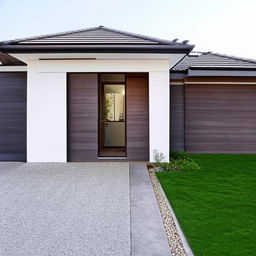 Exterior view of a house with a right side gate and a stairway on the left side. The house design should be modern and visually striking.