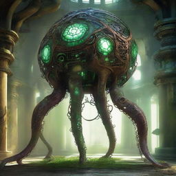 Create an image of the Verdant Sentinel, a colossal construct with an appearance reminiscent of an octopus fused with ancient machinery