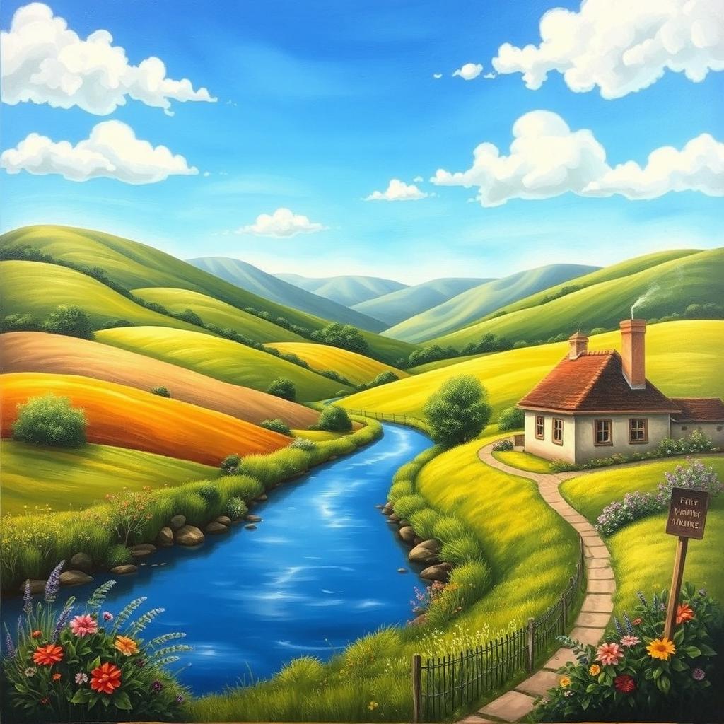 A detailed and vibrant landscape painting of a serene countryside, featuring rolling hills, a clear blue sky, a small river flowing through the middle, and a quaint cottage with smoke coming out of the chimney