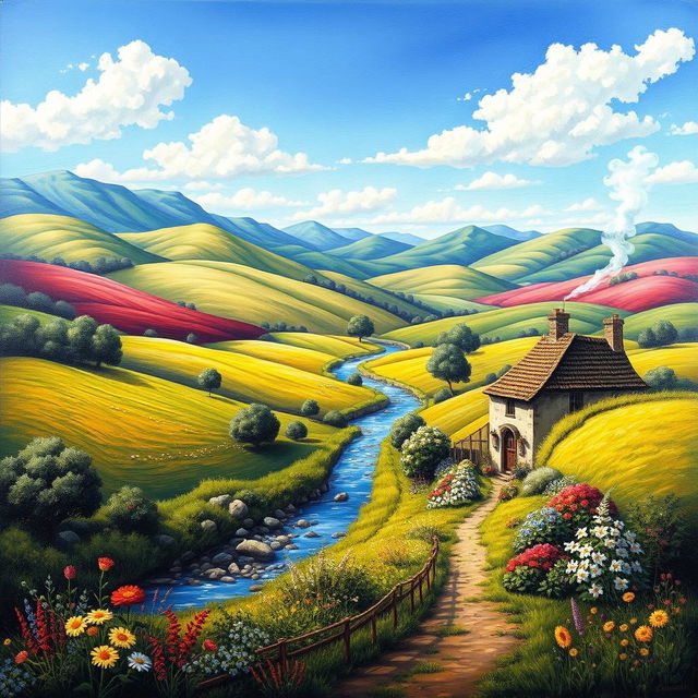 A detailed and vibrant landscape painting of a serene countryside, featuring rolling hills, a clear blue sky, a small river flowing through the middle, and a quaint cottage with smoke coming out of the chimney