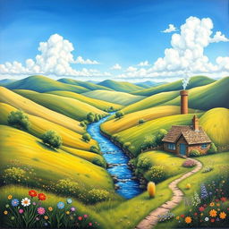 A detailed and vibrant landscape painting of a serene countryside, featuring rolling hills, a clear blue sky, a small river flowing through the middle, and a quaint cottage with smoke coming out of the chimney