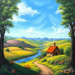 A detailed and vibrant landscape painting of a serene countryside, featuring rolling hills, a clear blue sky, a small river flowing through the middle, and a quaint cottage with smoke coming out of the chimney