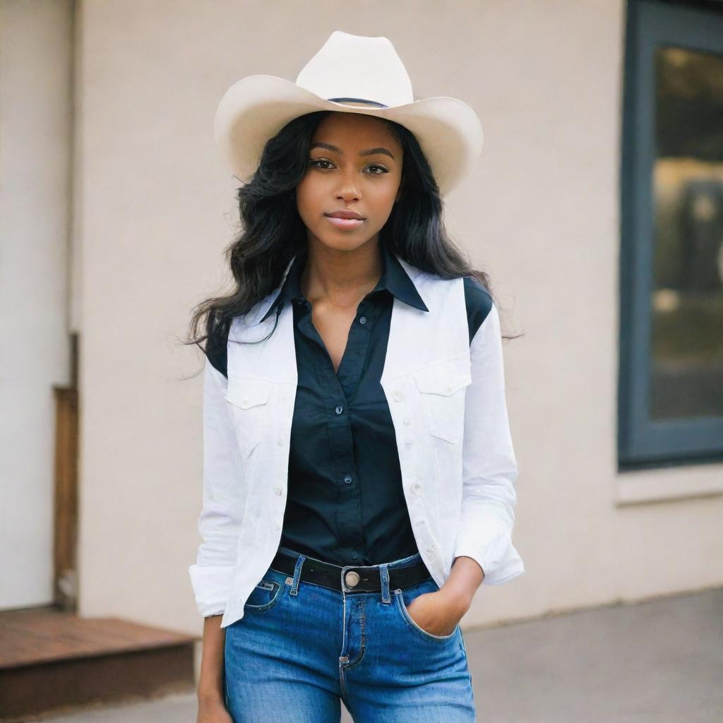 An elegant African American girl dressed in a crisp white vest, black button-down shirt, blue wide-legged jeans, and a striking white cowboy hat.