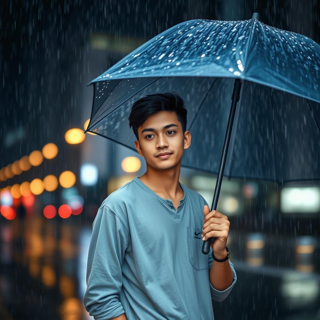 A young man standing in the rain, holding an umbrella