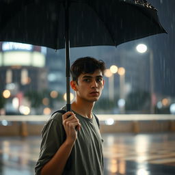 A young man standing in the rain, holding an umbrella