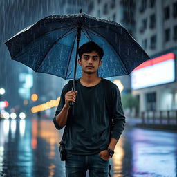 A young man standing in the rain, holding an umbrella