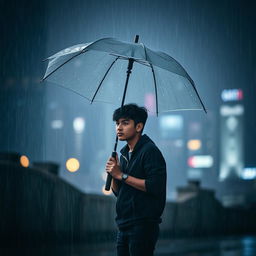 A young man standing in the rain, holding an umbrella