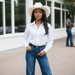 An elegant African American girl dressed in a crisp white vest, black button-down shirt, blue wide-legged jeans, and a striking white cowboy hat.