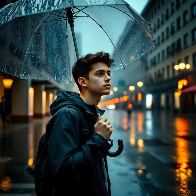 A young man standing in the rain, holding an umbrella