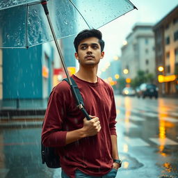 A young man standing in the rain, holding an umbrella