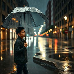 A young man standing in the rain, holding an umbrella