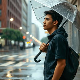 A young man standing in the rain, holding an umbrella