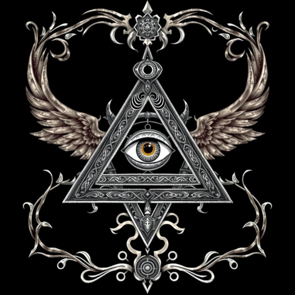 A detailed and mysterious representation of the Illuminati symbol, featuring an all-seeing eye within a pyramid, surrounded by intricate and cryptic designs