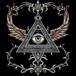 A detailed and mysterious representation of the Illuminati symbol, featuring an all-seeing eye within a pyramid, surrounded by intricate and cryptic designs