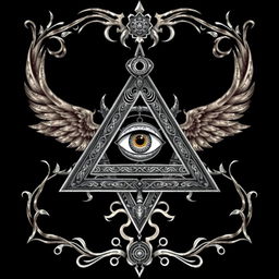 A detailed and mysterious representation of the Illuminati symbol, featuring an all-seeing eye within a pyramid, surrounded by intricate and cryptic designs